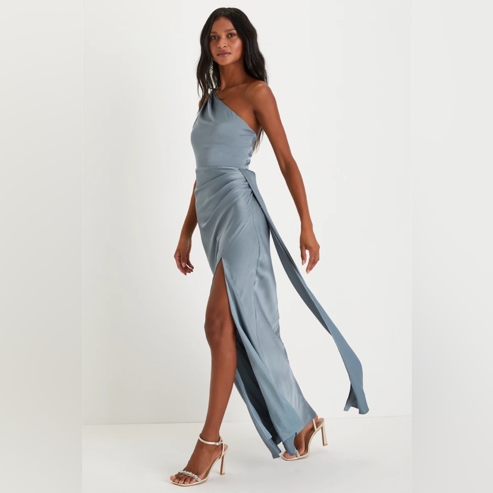 Lulus Signature Elegance Slate Blue Satin One-Shoulder Maxi Dress - Picture 3 of 8